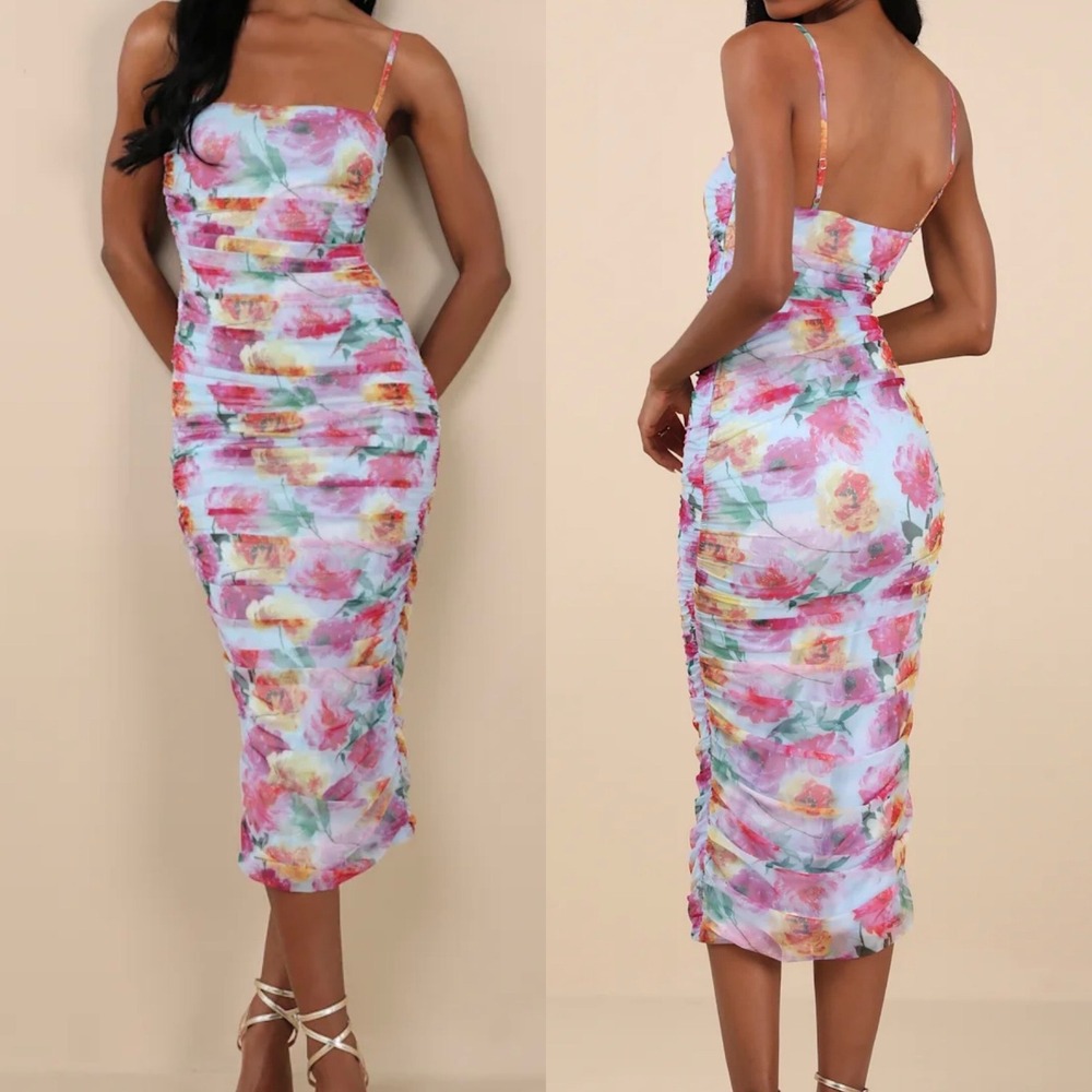 NWT Lulus Small Blossoming Excellence Light Blue Floral Mesh Ruched Midi Dress
